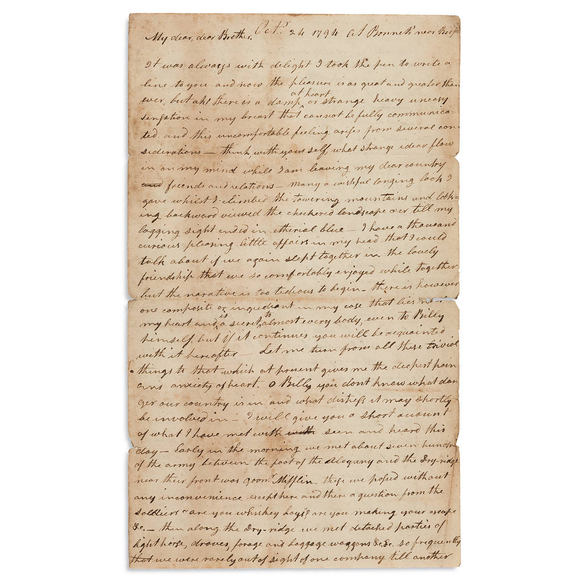 (PENNSYLVANIA.) [Robert Patterson.] Letter from a Whiskey Rebellion sympathizer who encounters the army sent to crush it.